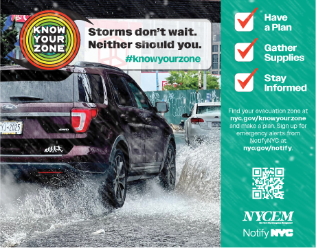 An image of a waterfront park in NYC flooding, with tips on how to stay safe during a coastal storm. 
                                           